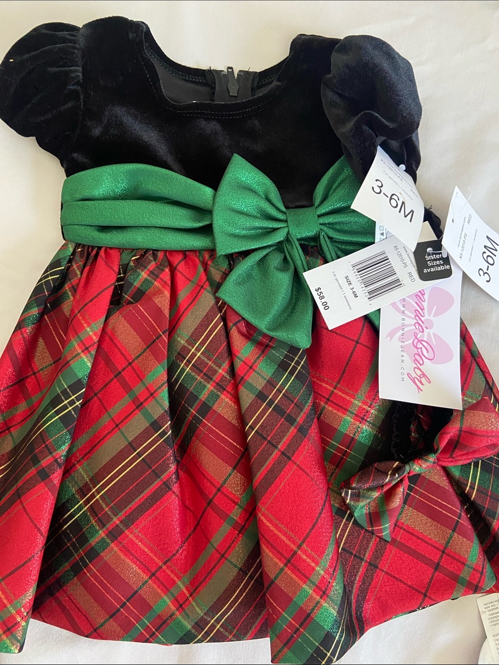 Wonderkids Black Velvet & Red Plaid Dress with Green Bow
